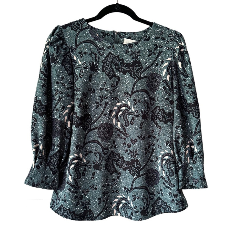 MELLODAY Blue and Black Floral Patterned Blouse and Tailored Sleeves